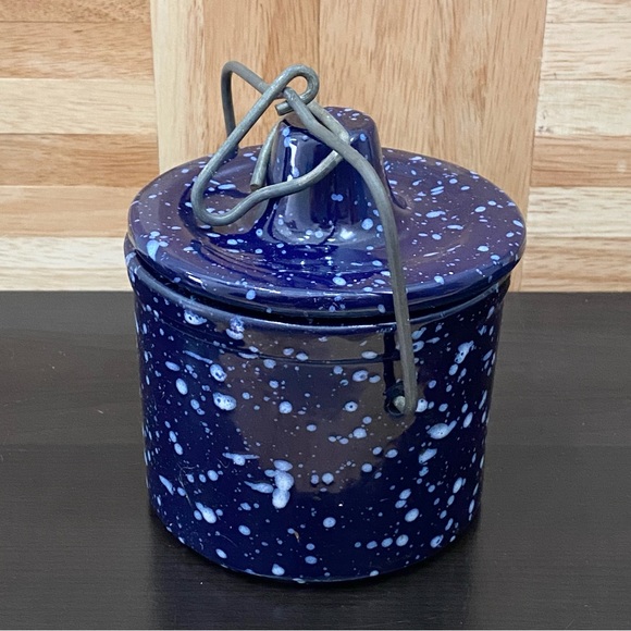 Vintage Stoneware Crock Speckled Cobalt Blue Butter Cheese Crock Jar Wired Lid - Picture 4 of 16